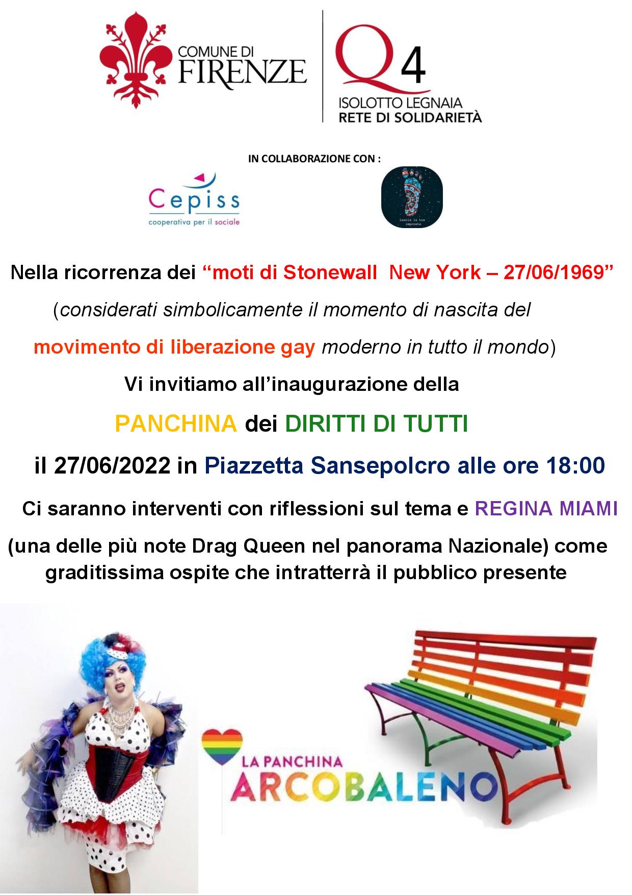 La locandina della Panchina Arcobaleno dei Diritti di Tutti