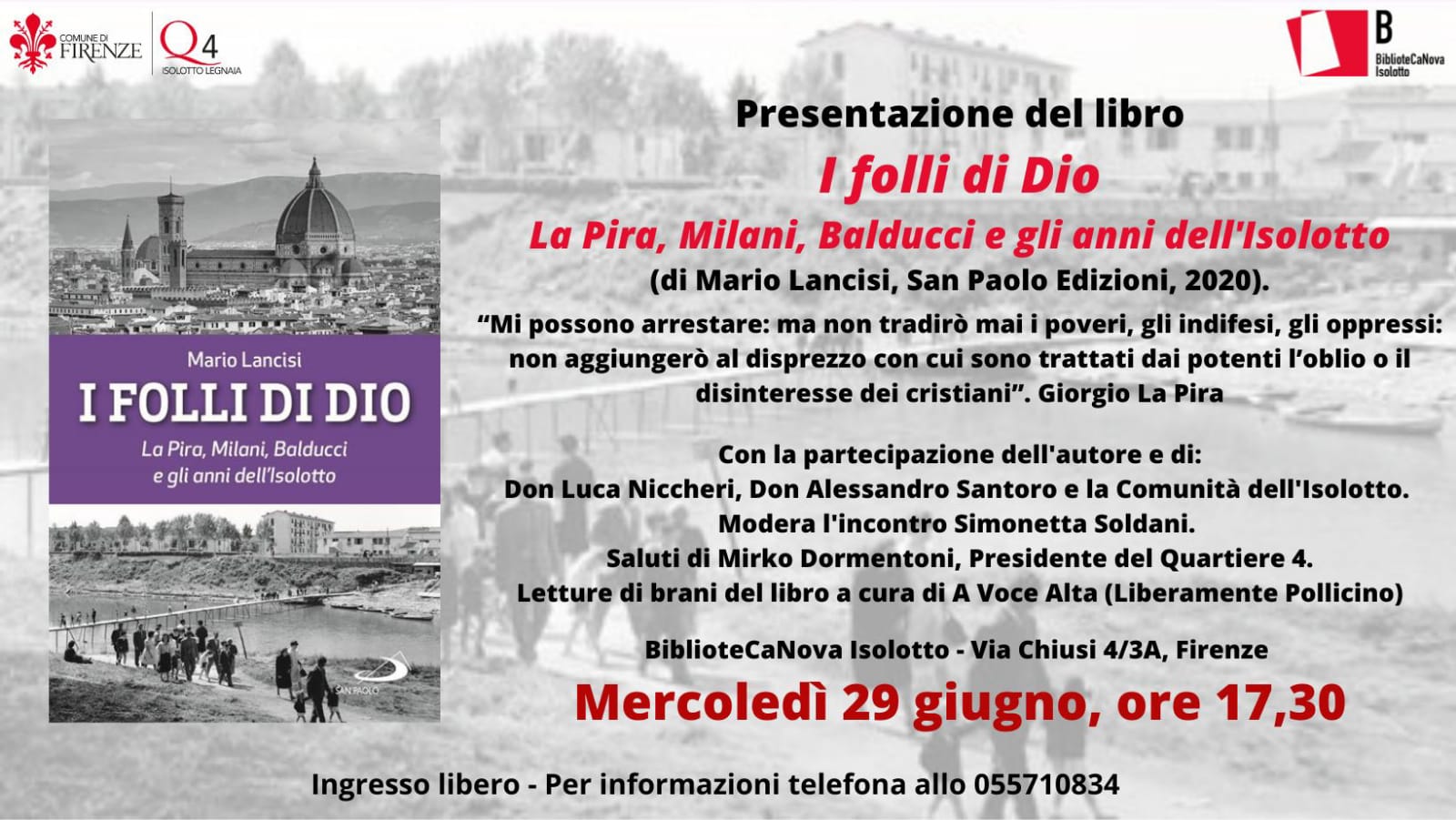 Il libro di Mario Lancisi 'I folli di Dio' in BiblioteCaNova Isolotto mercoledì 29 giugno, alle 17.30